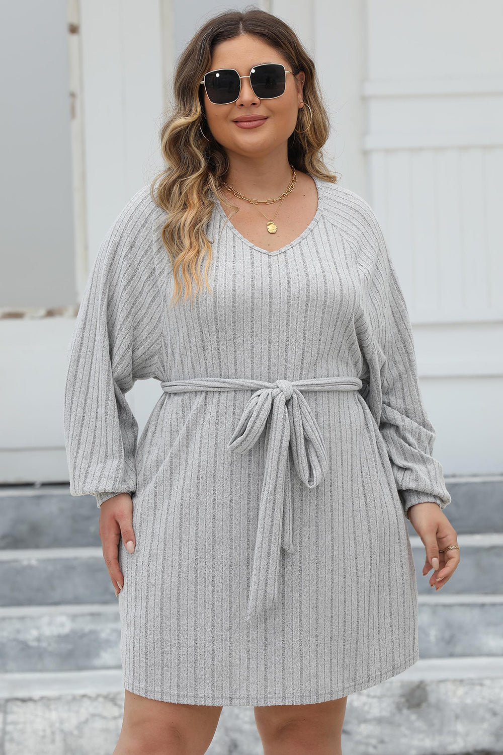 Ribbed Tie Front Long Sleeve Sweater Dress