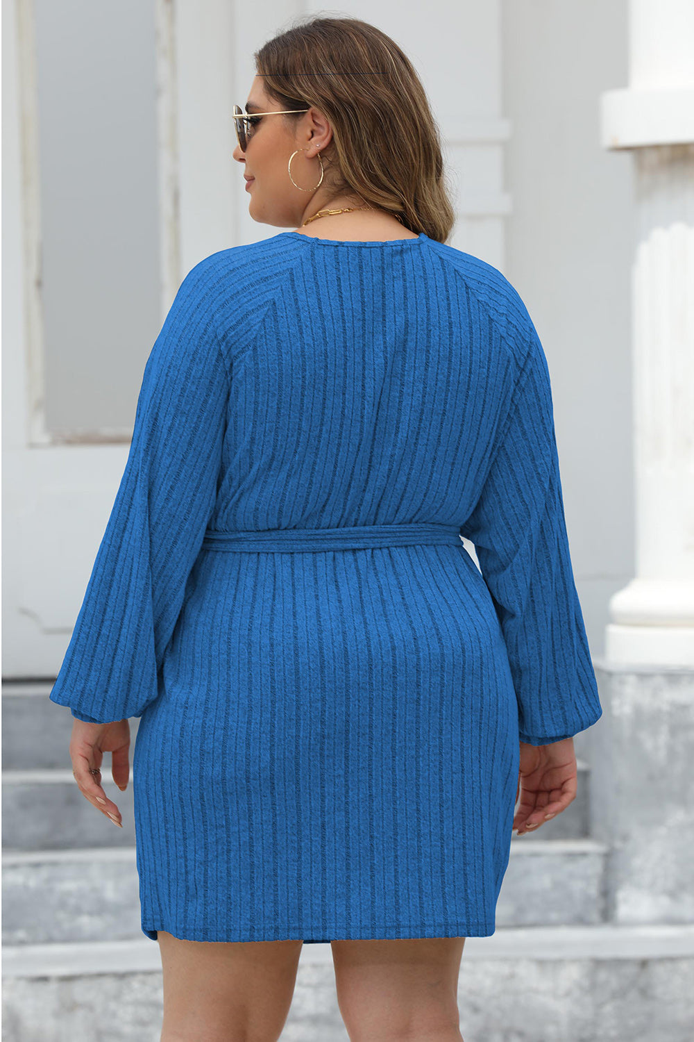 Ribbed Tie Front Long Sleeve Sweater Dress