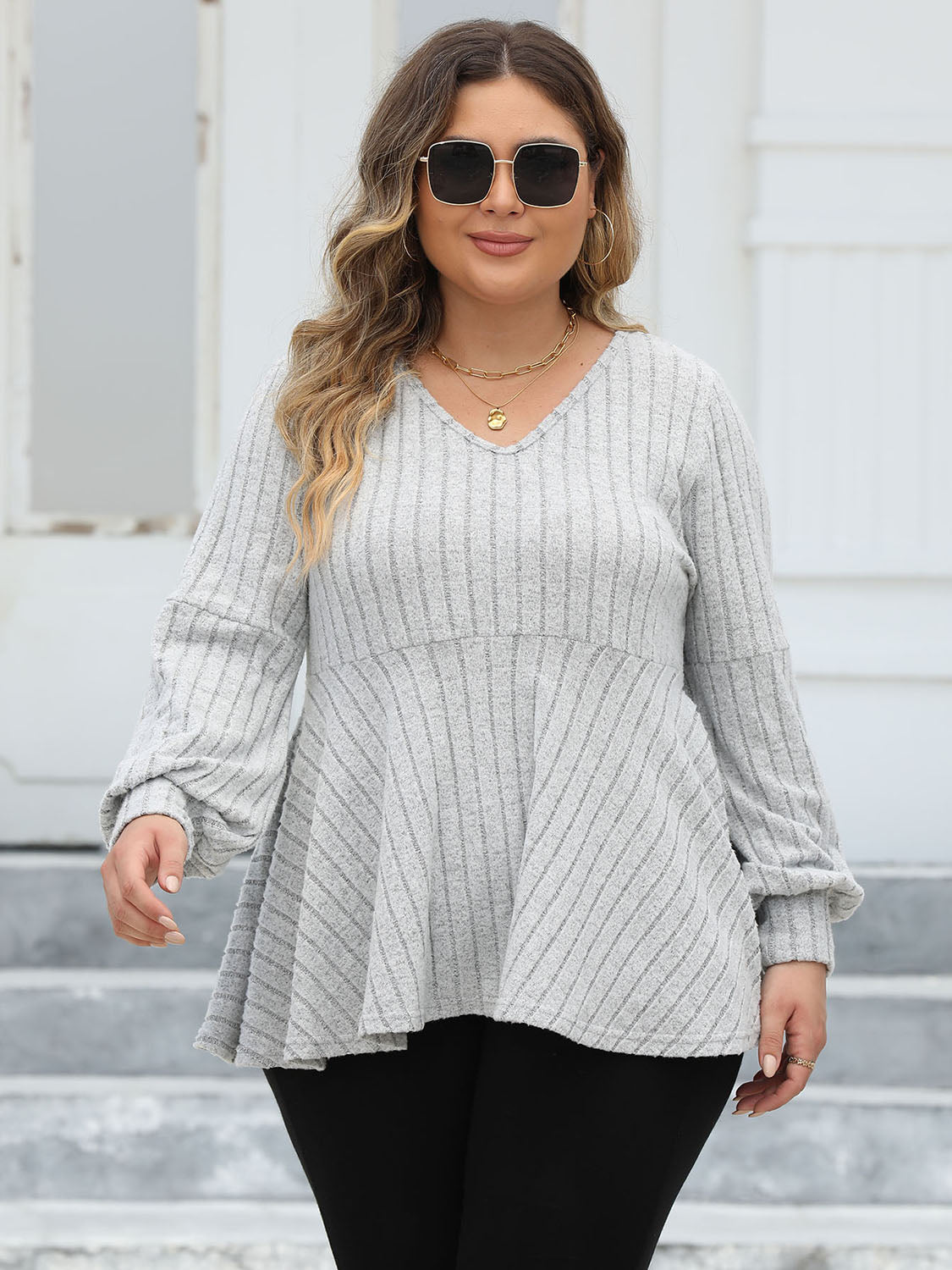Ribbed V-Neck Long Sleeve Blouse