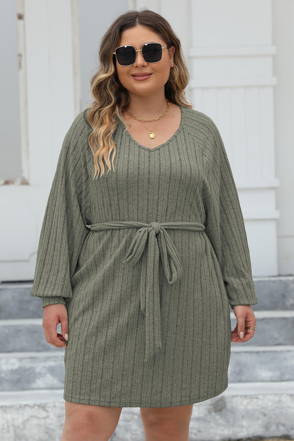 Ribbed Tie Front Long Sleeve Sweater Dress