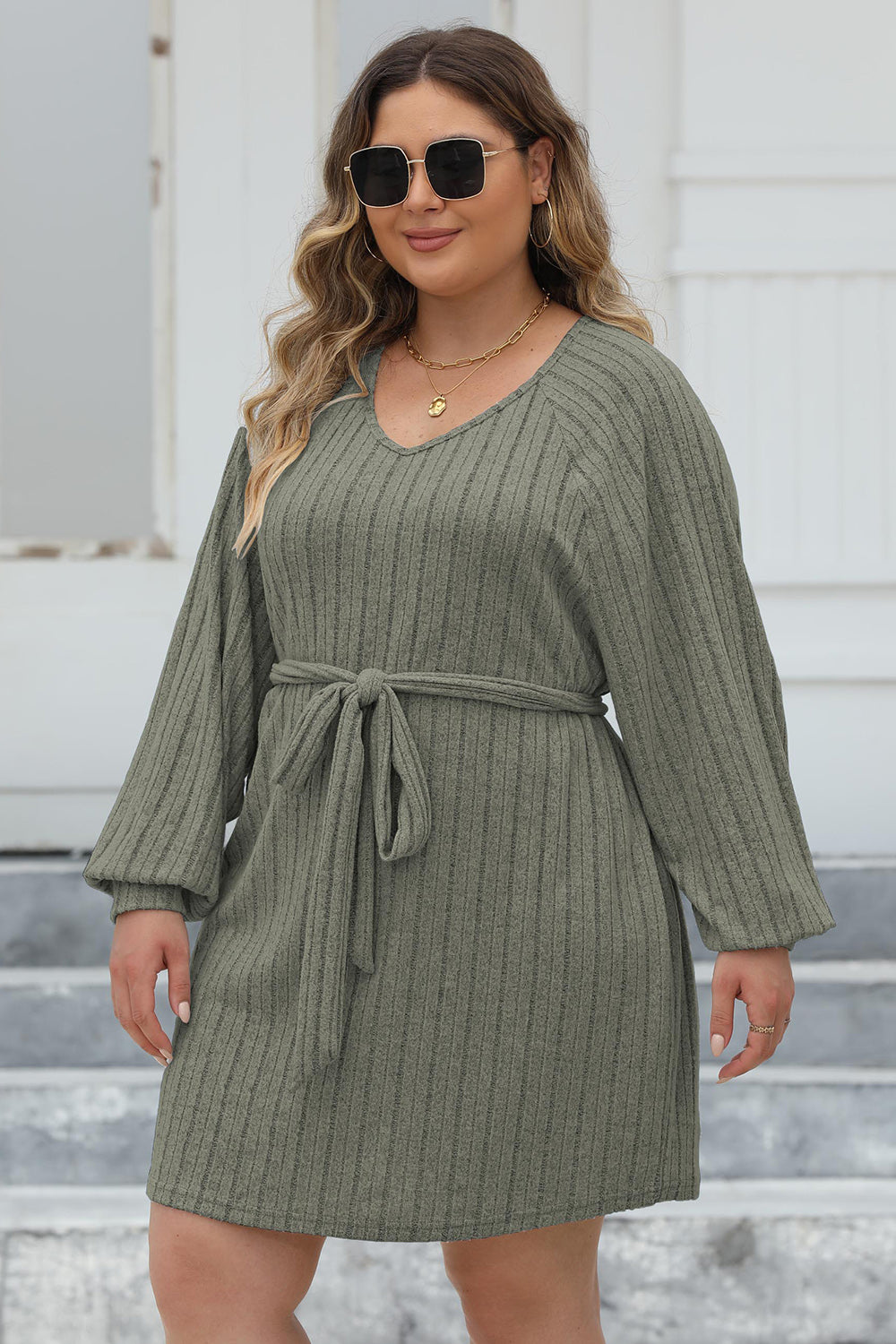 Ribbed Tie Front Long Sleeve Sweater Dress