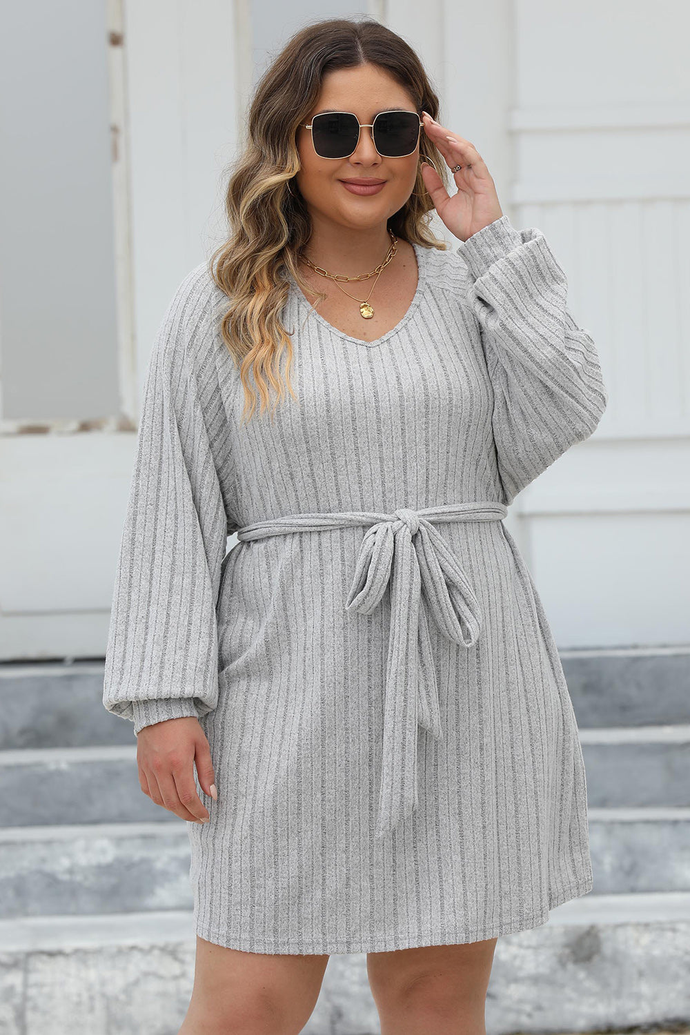 Ribbed Tie Front Long Sleeve Sweater Dress