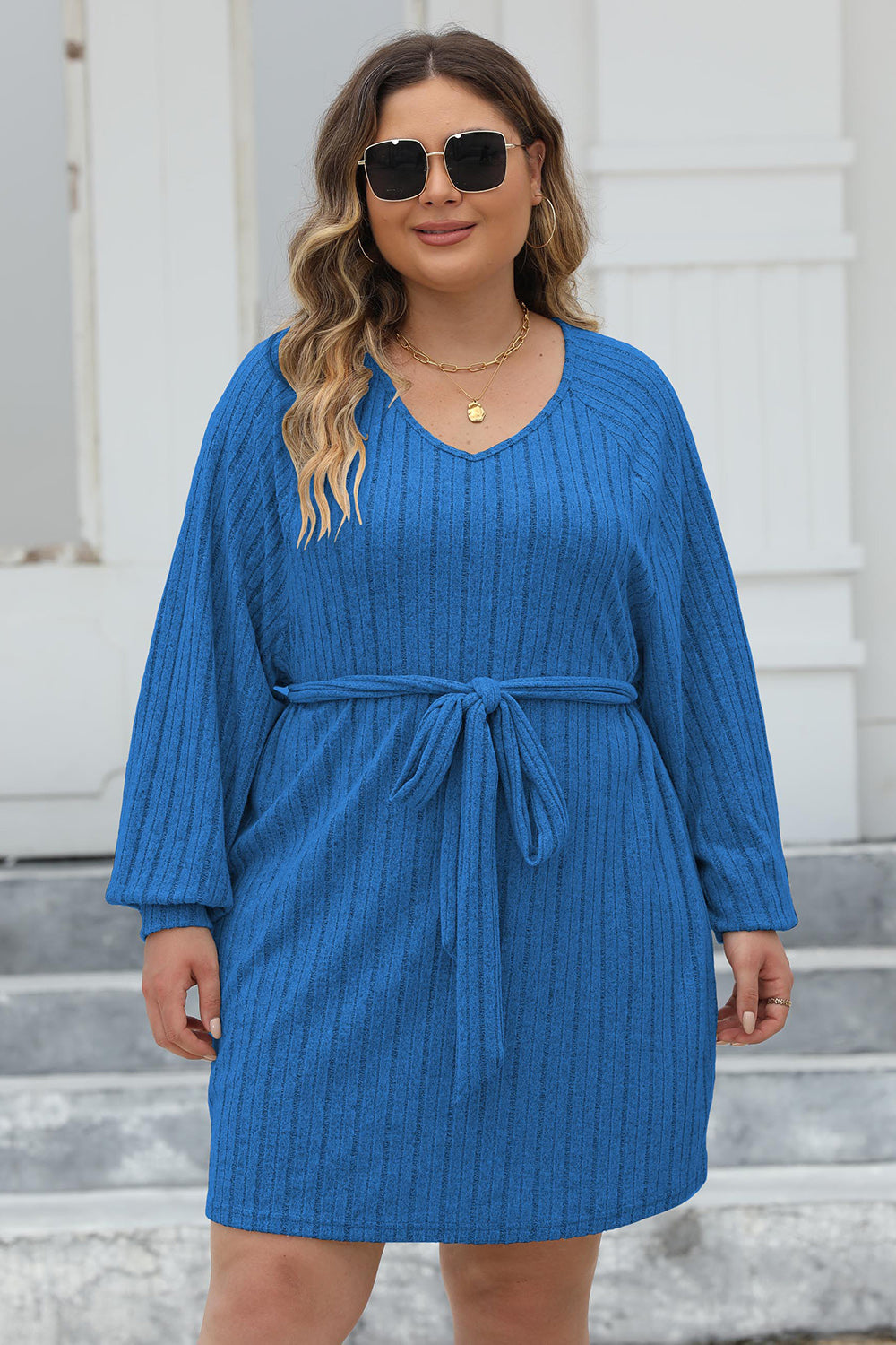 Ribbed Tie Front Long Sleeve Sweater Dress