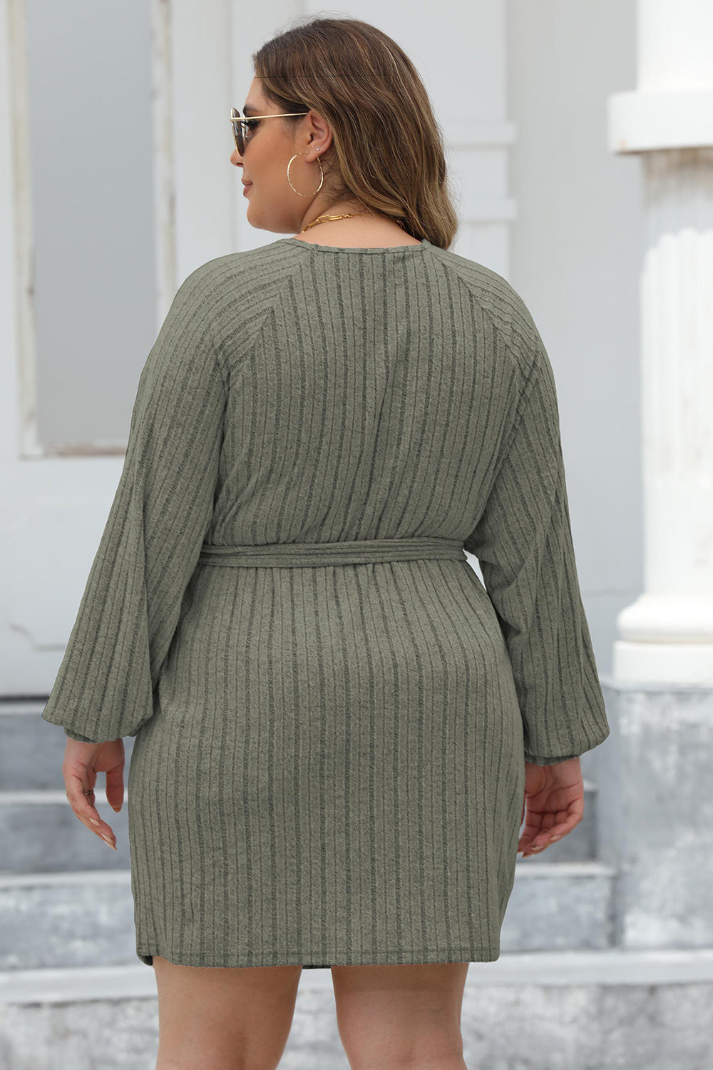 Ribbed Tie Front Long Sleeve Sweater Dress